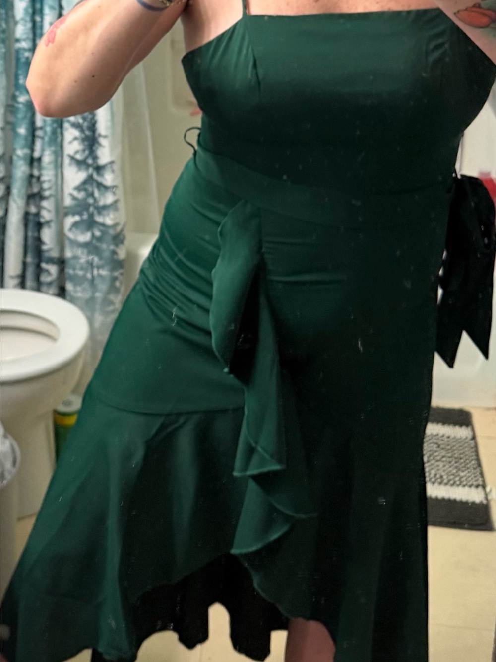 JJs House Dark Green Asymmetrical Slip Dress with Ruffle